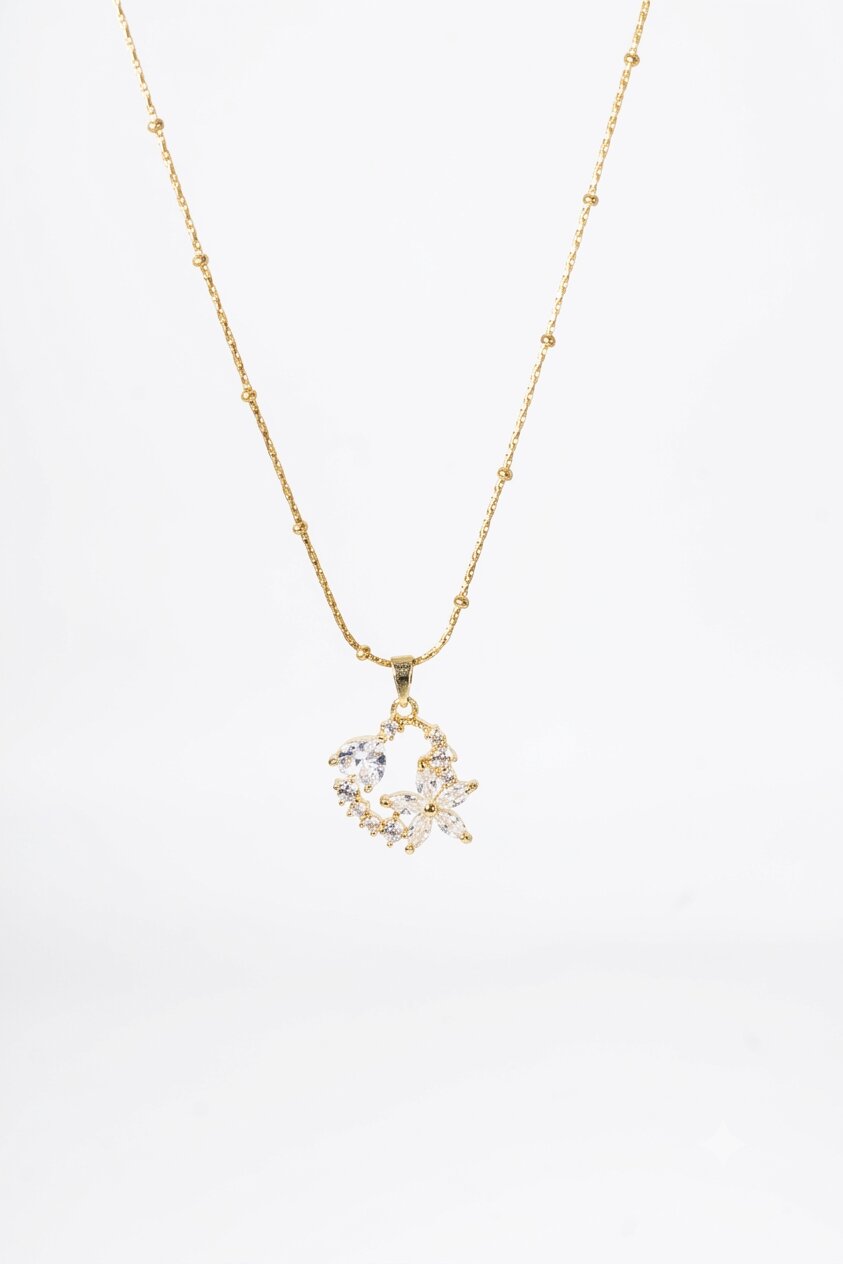Beaded Gold Chain with Crystal Floral Crescent Pendant