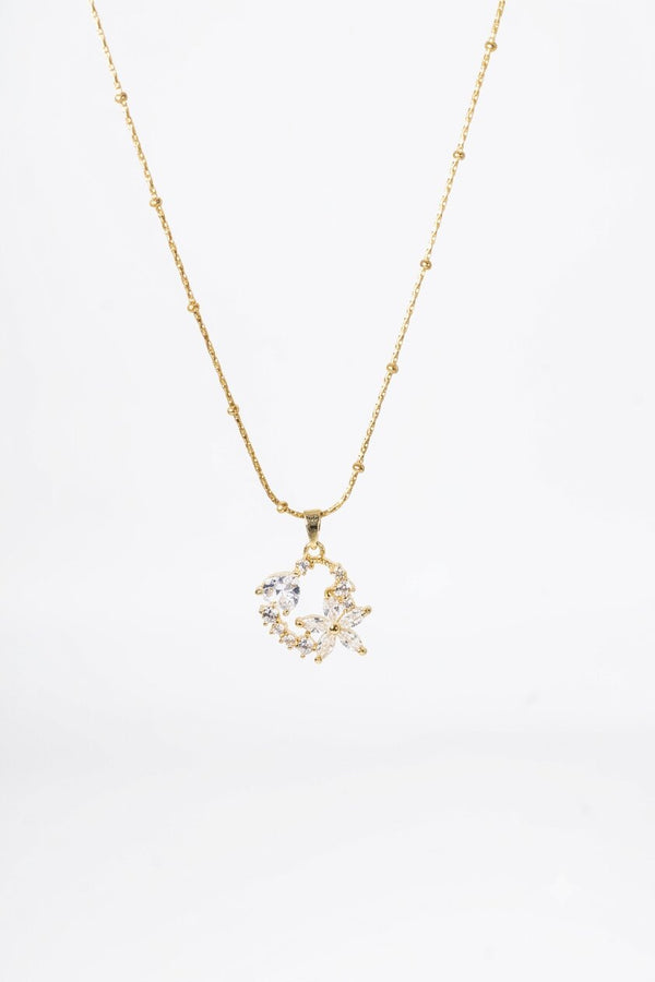 Beaded Gold Chain with Crystal Floral Crescent Pendant