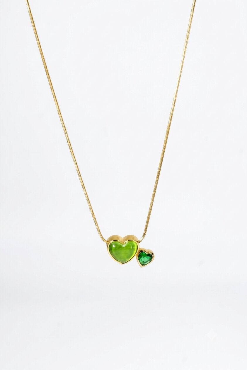 Gold Snake Chain with Double Green Gem Heart Pendant