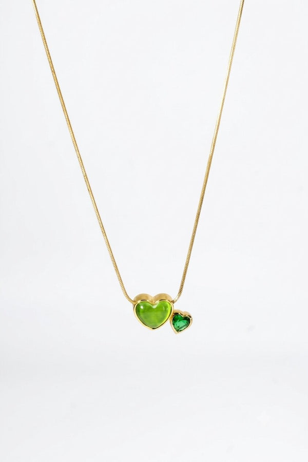 Gold Snake Chain with Double Green Gem Heart Pendant