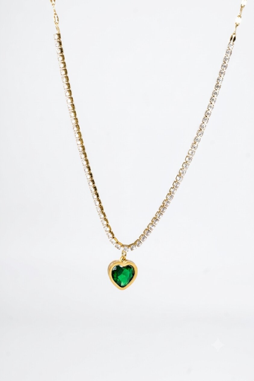 Gold Tennis Necklace with Emerald-Green Heart Pendant