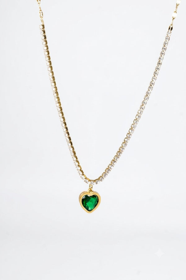 Gold Tennis Necklace with Emerald-Green Heart Pendant