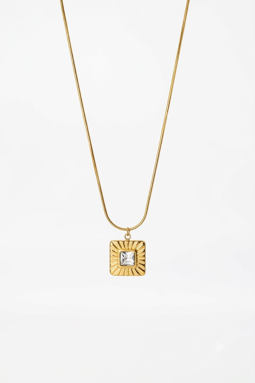 Gold Sunburst Square Crystal Pendant