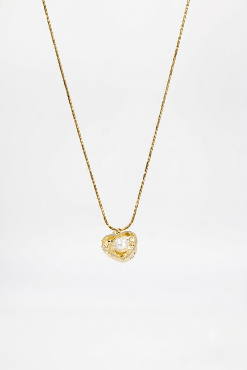 Textured Gold Heart Pendant with Center Pearl