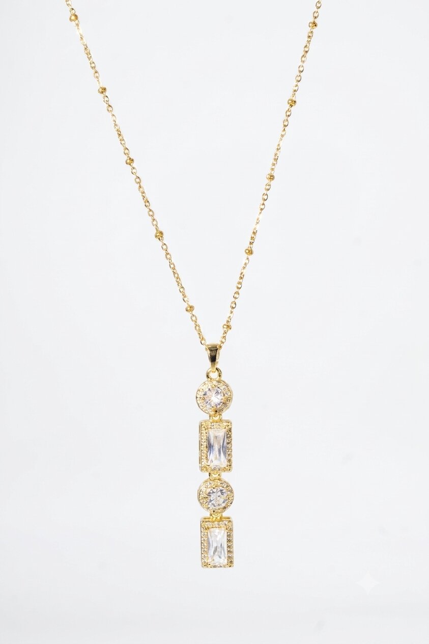Beaded Gold Chain with Geometric Crystal Drop Pendant