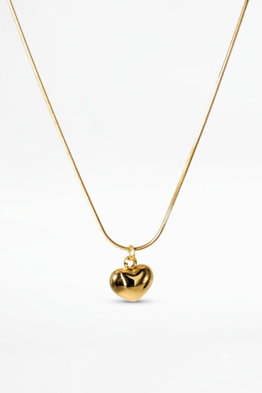Gold Snake Chain with Solid Puffy Heart Pendant