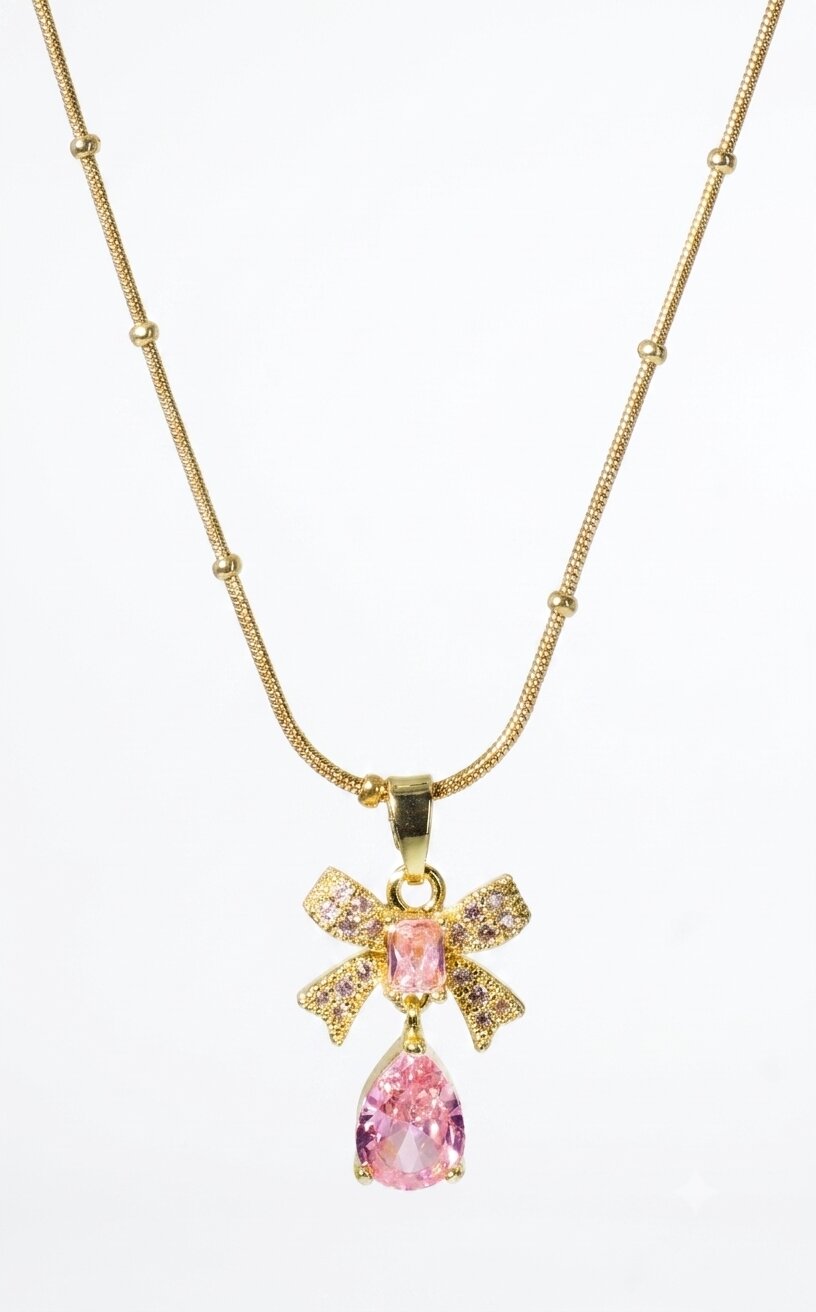 Pink Crystal Bow and Teardrop Pendant Necklace
