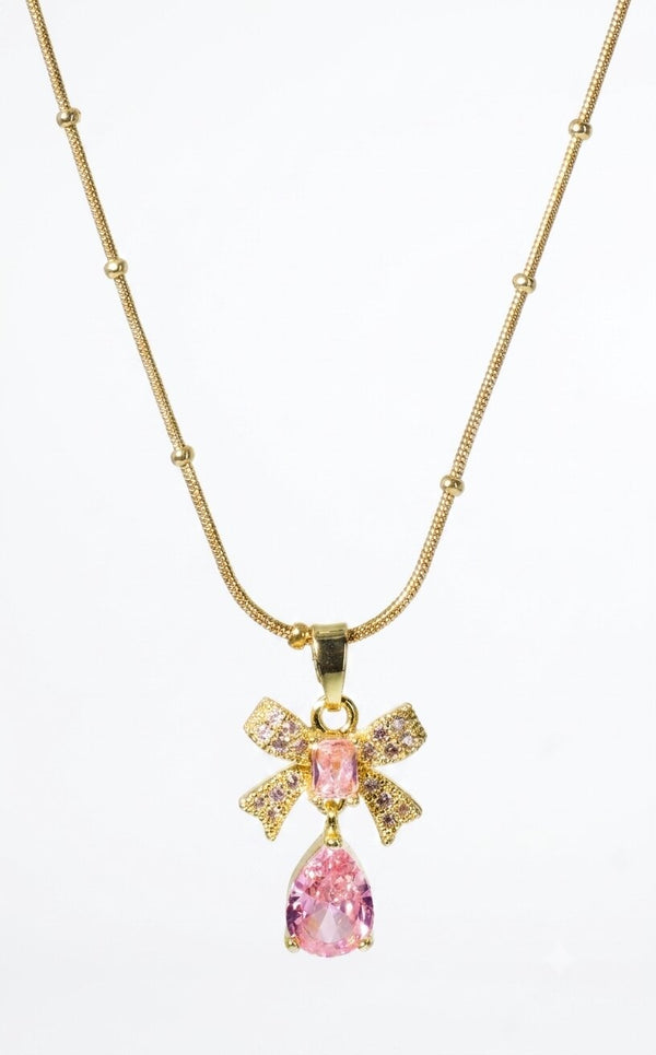 Pink Crystal Bow and Teardrop Pendant Necklace