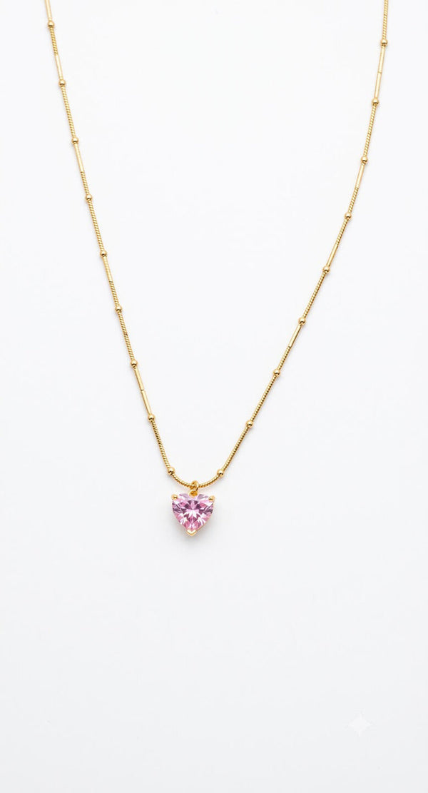 Pink Crystal Heart & Beaded Chain Necklace