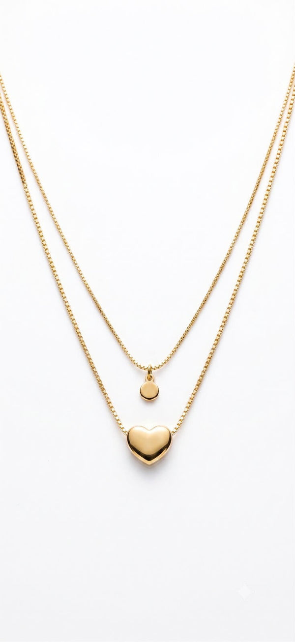 Layered Gold Coin & Puffy Heart Necklace
